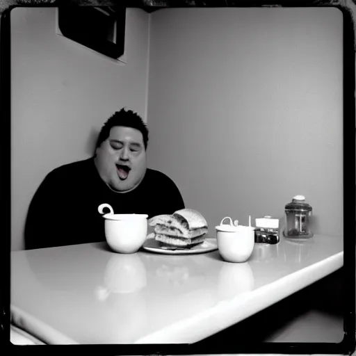 Prompt: a black and white film snapshot of a fat male diner biting into a sandwich. holga, lomo, lomography, retro, toy camera, film, plus - x, vintage, photo