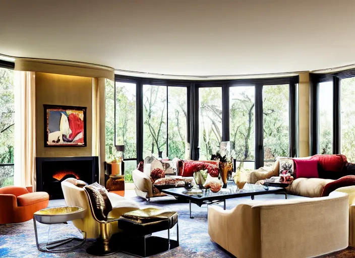 Image similar to a high end luxury living room designed by john chamberlain, interior design magazine photography