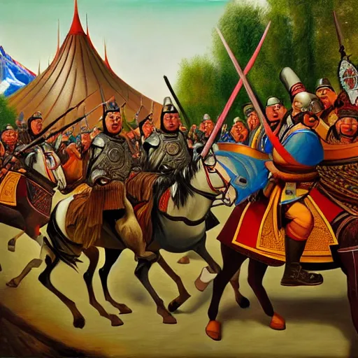 Prompt: genghis khan and his mongol horde ransacking modern day efteling, oil on canvas