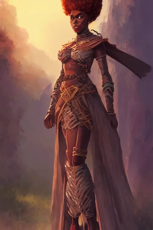 Prompt: beautiful ninja african princess with an afro. wearing cloak, medieval body armor, artgerm, trending on artstation, d & d character concept art, inspired by brom, standing in the streets of waterdeep, bokeh