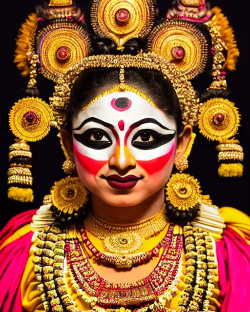 Image similar to photo of a gorgeous young Kathakali dancer wearing elaborate makeup and full kathakali costume in the style of stefan kostic, realistic, sharp focus, symmetric, 8k high definition, insanely detailed, intricate, elegant, art by stanley lau and artgerm, William-Adolphe Bouguereau