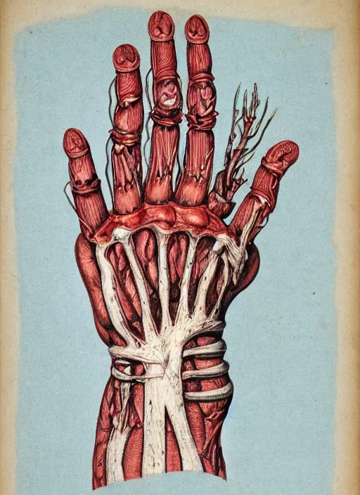 Image similar to vintage medical anatomical illustration of freddy krueger's glove, highly detailed, labels, intricate writing