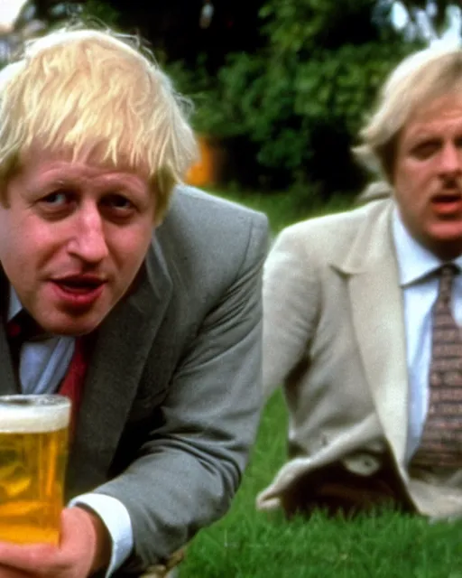 Prompt: film still close - up shot of boris johnson drinking a beer in garden from the movie monty python's the meaning of life. photographic, photography