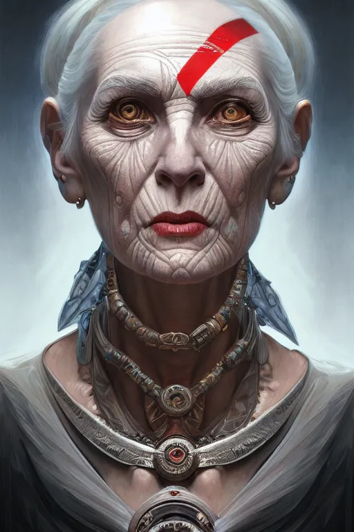 Prompt: symmetry!! portrait of an elderly grey haired woman in the style of god of war, machine parts embedded into face, intricate, elegant, highly detailed, digital painting, artstation, concept art, smooth, sharp focus, illustration, art by artgerm and greg rutkowski and alphonse mucha, 8 k