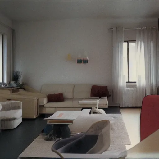 Image similar to Typical Slovenian urban living room in the year 1983, professional interior photography