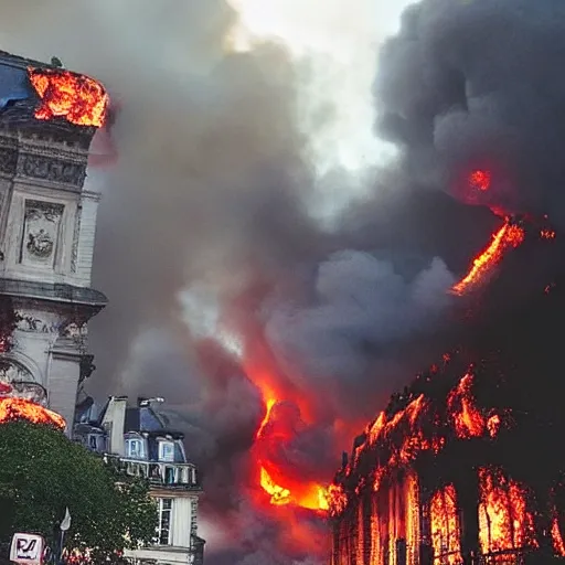 Image similar to “a portal from hell erupts in down town Paris as buildings explode with lava, citizens are possessed, the undead rise from the ground, and Michael Caine sips his espresso. Photography”