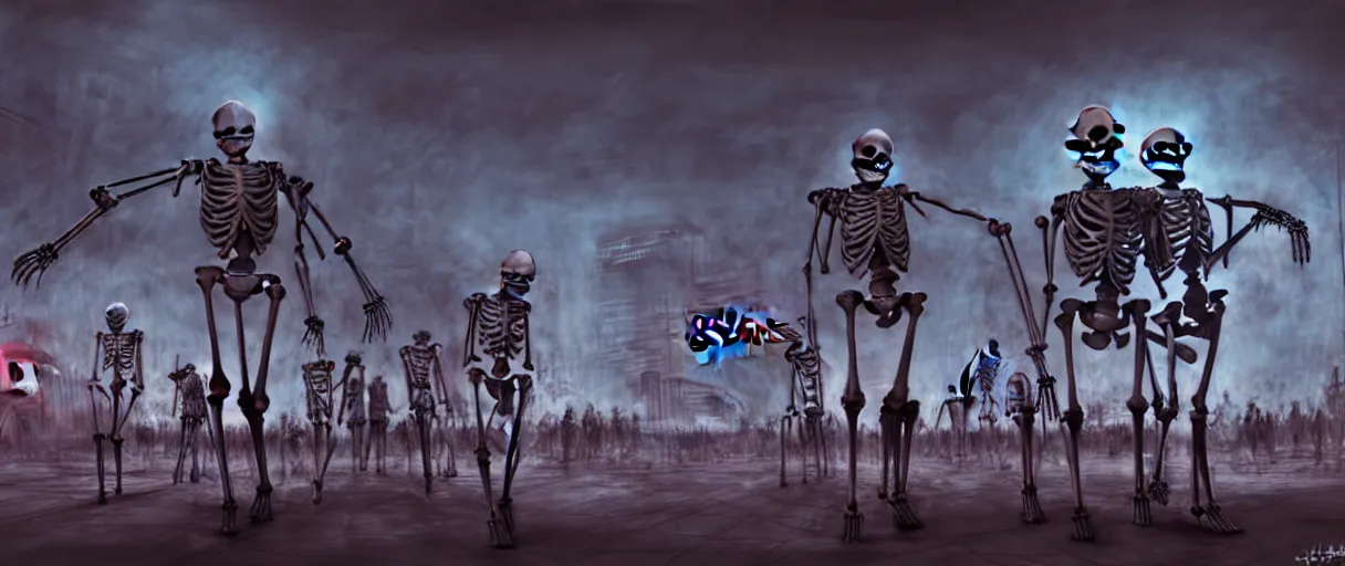 Image similar to hyperrealistic skeleton army mall in background ute osterwald jason limon concept art dramatic blue lighting wide angle hd 8k sharp shallow depth of field