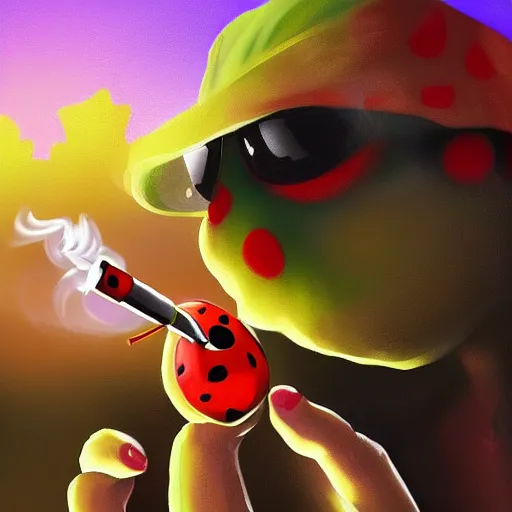 Prompt: a digital painting of a ladybug smoking a huge marijuana joint, trending on artstation