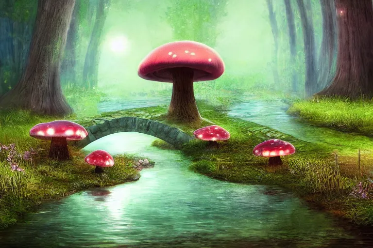 Prompt: giant glowing mushrooms next to a small bridge, flowing water, digital art, scenic,