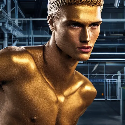 Image similar to a realistic detailed photo of a guy who is an attractive humanoid who is half robot and half humanoid, who is a male android, attractive and handsome soccer players, shiny skin, posing like a statue, blank stare, in a factory, on display, showing off his muscles, gold soccer shorts, side view, looking at each other mindlessly