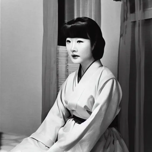 Prompt: The 1960s actress Choi Eun-Hee in a hanbok sitting on a couch, ultrawide 14mm shot, the room is dimly-lit and a starfish arm reaches through the window, minimal cinematography by Akira Kurosawa, movie filmstill, 1950s film noir, thriller by Kim Jong-il and Shin Sang-ok, monster horror movie