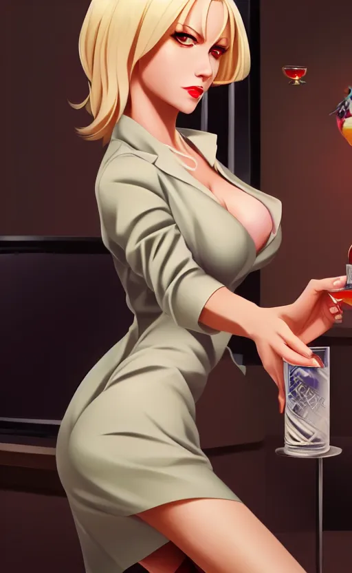Prompt: an attractive blonde femme fatale woman, wearing a cocktail dress, pointing a pistol at us, anime. realistic shaded lighting by ilya kuvshinov giuseppe dangelico pino and michael garmash and rob rey, 8 k
