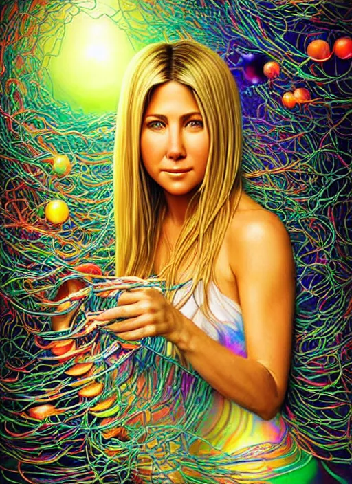 Image similar to hyper detailed 3d render like a Oil painting - Jennifer Anniston with blonde hair in thick mascara seen seriously making soap bubbles and Eating of the Strangling network of spaghetti and exotic colorful trees and Her delicate Hands hold of orange parrots bring iridescent luminescent trees whose blossoms black the intelligent stars by Jacek Yerka, Mariusz Lewandowski, Houdini algorithmic generative render, Abstract brush strokes, Masterpiece, Edward Hopper and James Gilleard, Zdzislaw Beksinski, Mark Ryden, Wolfgang Lettl, Dan Hiller, hints of Yayoi Kasuma, octane render, 8k