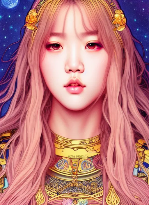 Image similar to lalisa manoban of blackpink, goddess of the moon, tarot card, highly detailed, digital painting, smooth, sharp focus, illustration, ultra realistic, 8 k, art by artgerm and alphonse mucha