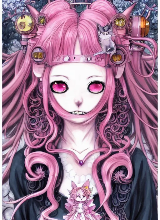 Image similar to dark fantastic manga character design of beautiful cat girl witch with a robot, pink curls hair, rococo dress, symmetrical face, cute, fairy, by mai yoneyama, takeshi obata, katsuhiro otomo, detailed background, illustration, artstation, concept art, highly detailed, colorful, maximalist