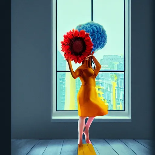 Image similar to giant flower under head, woman next to modern windows, luxury apartment, surreal photography, dramatic light, impressionist painting, digital painting, artstation, arthur adams