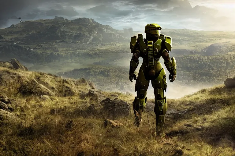 Prompt: halo master chief on a hill, cinematic, 8 k, back view, photorealistic