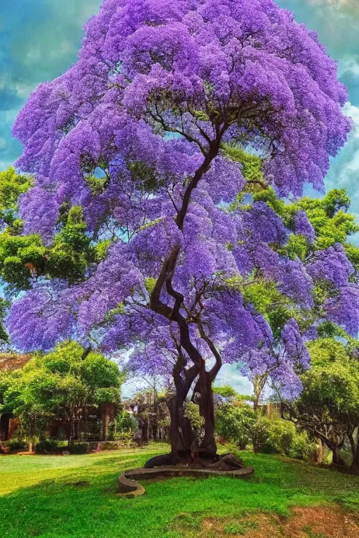 Image similar to huge world jacaranda tree with purple colored flowers, + lightning bolt, + antique,