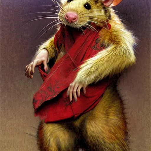 Prompt: a portrait of a furry rat splinter wearing a red kimono, hairy, furry body, furry arms, feet, tail. highly detailed painting by gaston bussiere, craig mullins, j. c. leyendecker, furry