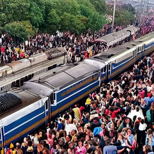 Prompt: a train with a thousand people on top and on it's sides