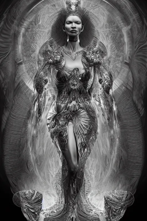 Image similar to a realistic moody photo of a beautiful ancient alien woman goddess kate moss durga standing in iris van herpen dress jewelery and fractals in style of alphonse mucha art nuvo dmt trending on artstation made in unreal engine 4