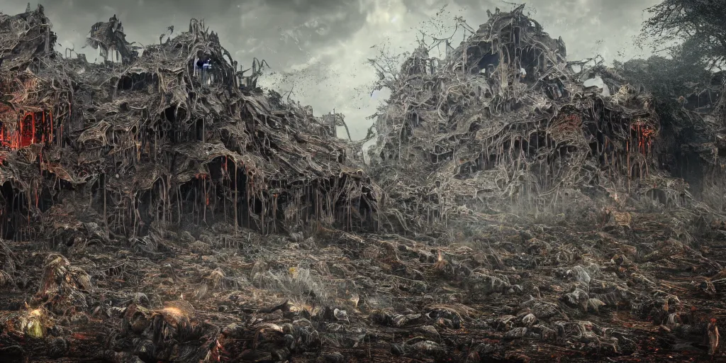 Image similar to ruination, outright devastation, landscape, intricate complexity, horror, rainbow drip paint, psychedelic glitch art, trending on art station, photoreal, 8k, octane render