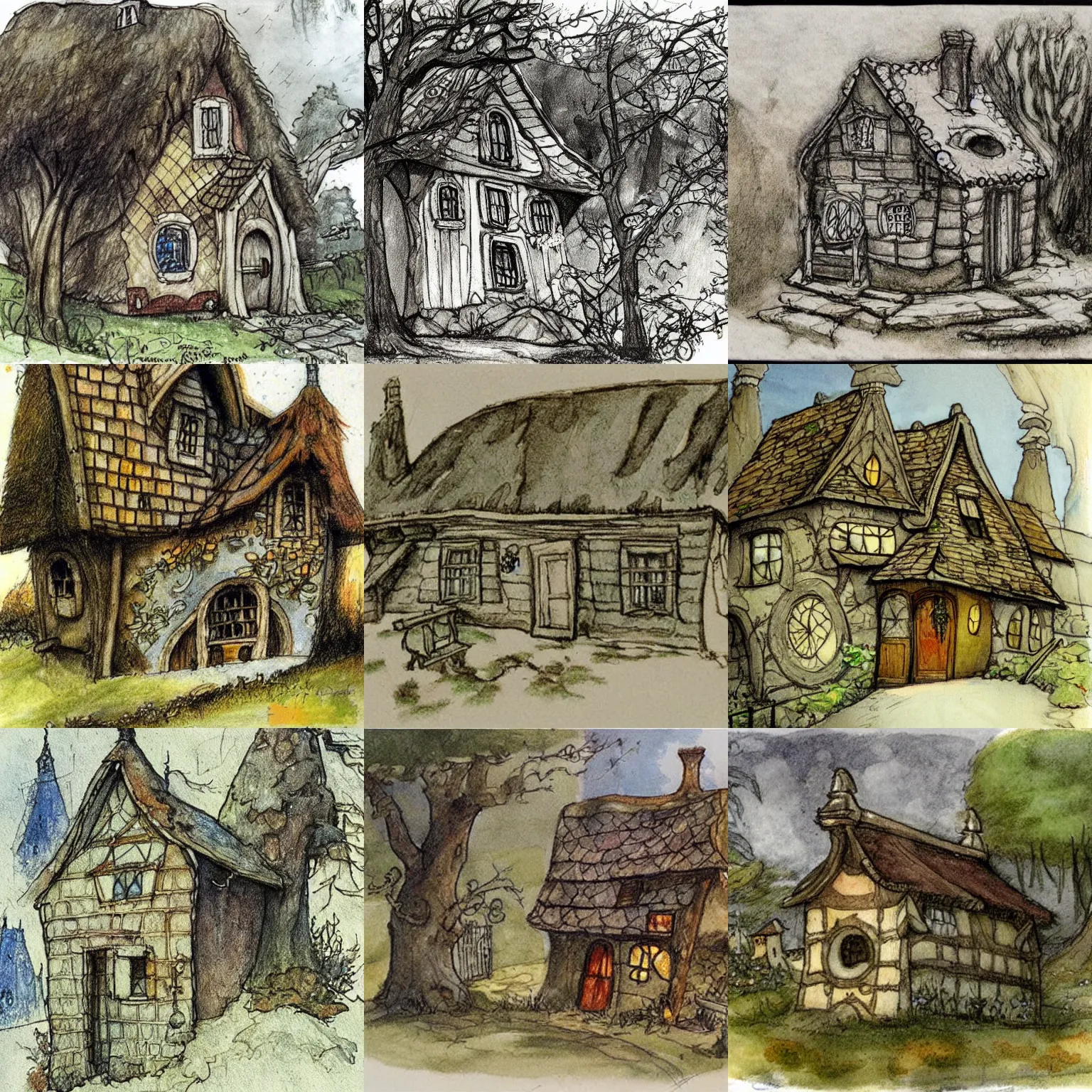 Prompt: a sketch of a fairy tale house by anton pieck