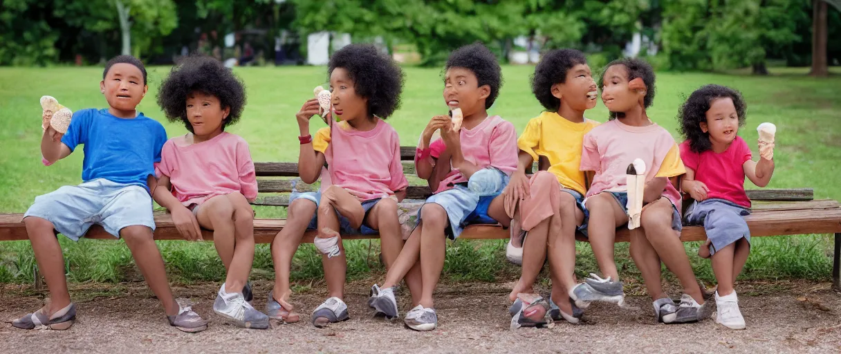 Image similar to a photograph for advertising of three multicultural kids on a bench eating ice cream shot by annie leibovitz, shallow depth of field, background school yard, kodak porto 4 0 0 film stock, zeiss 8 5 mm f 1. 2 color corrected and pts processed