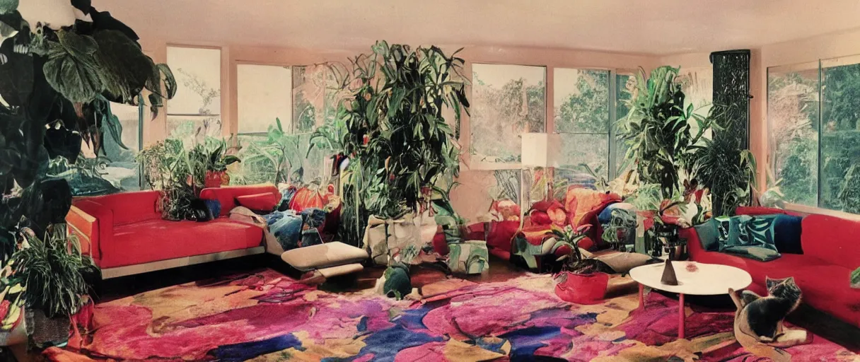 Prompt: 1970s interior design magazine photo of a living room, with a few hanging plants and lava lamps, and a couch, grainy, sunfaded, and circular windows, an A-Frame ceiling, cats on the couches, a rug on the floor, wooden walls, a potted cactus, art on the walls