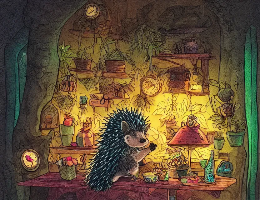 Prompt: hedgehog witch in a seedy cafe. complementary colors, copic markers, indie concept art, bloom, chiaroscuro, backlighting, intricate details.