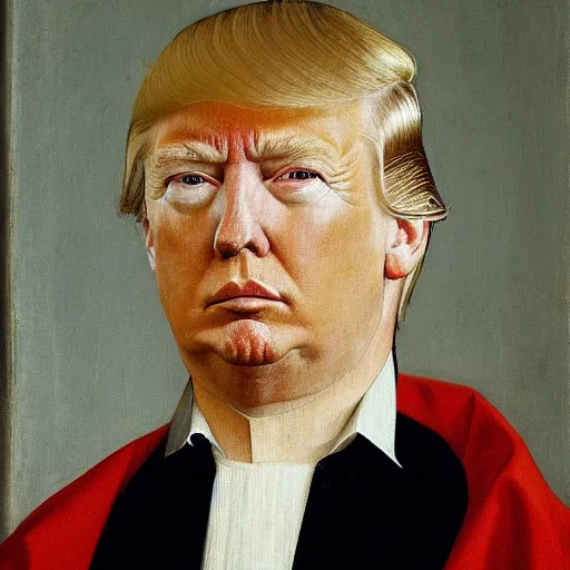 Prompt: a portrait of Donald Trump, facing front, by Rogier van der Weyden, oil painting, anatomically correct, beautiful perfect face, sharp focus, Highly Detailed, Cinematic Lighting, 8k, HD