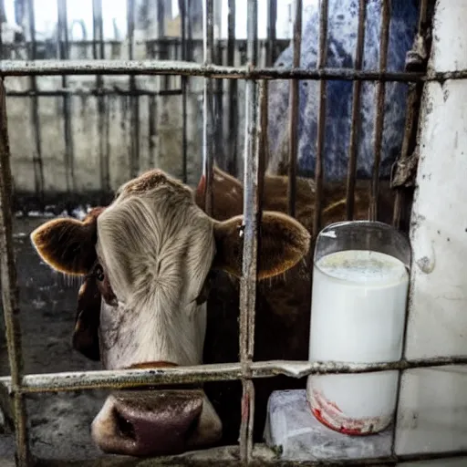 Image similar to dirty bottle of milk and a cow inside a cage, inside slaughterhouse