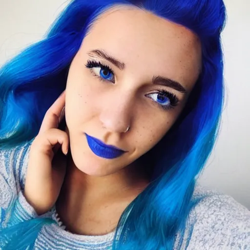 Image similar to shy girl with blue hair, instagram profile picture