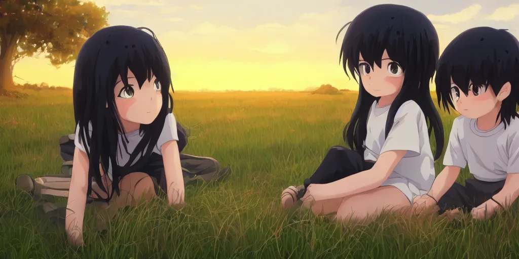 Prompt: beautiful, detailed digital painting of two black-haired children sitting on a grass field looking at the sunset, anime by Makoto Shinkai, trending on artstation