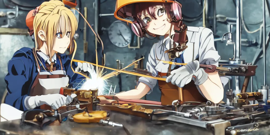 Image similar to Anime key visual of a steampunk girl welding metal in her workshop, official media