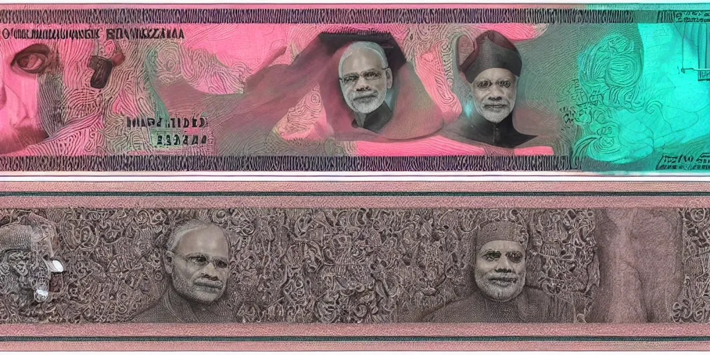 Image similar to 2000 rupees currency note with Narendra Modi's face on it, by H R Giger and Zdzisław Beksiński, the note also has a nano chip, pink,