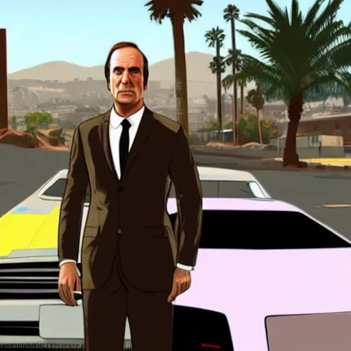 Image similar to Saul Goodman in GTA V . Los Santos in the background, palm trees. In the art style of Stephen Bliss.