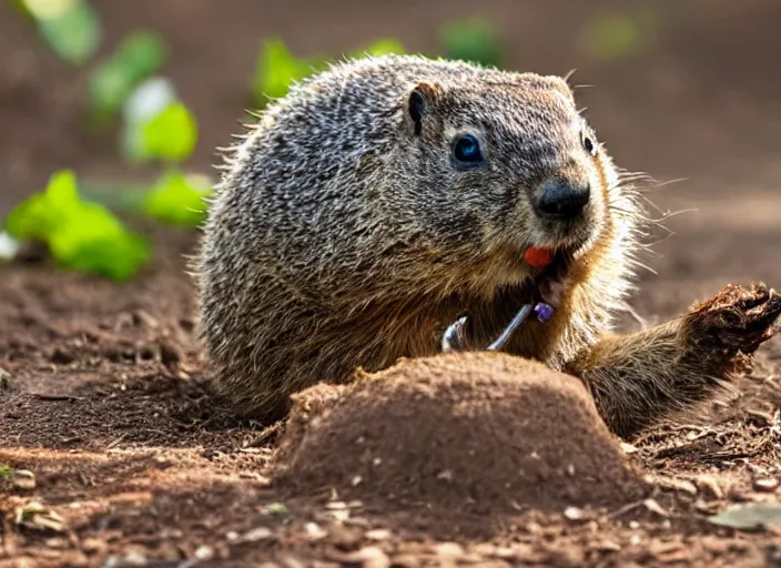 Prompt: groundhog eating a worm