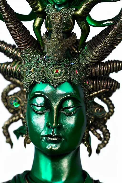 Image similar to metallic emerald carved statue of horned persian sacred demon goddess, sculpture with metallic polished intricated surfaxe, dressed with a colorful torn silk cloak, made by antonio corradini, and dug stanat macabre art, dark surrealism, epic and cinematic view, volummetric light, texturized, detailed, 8 k