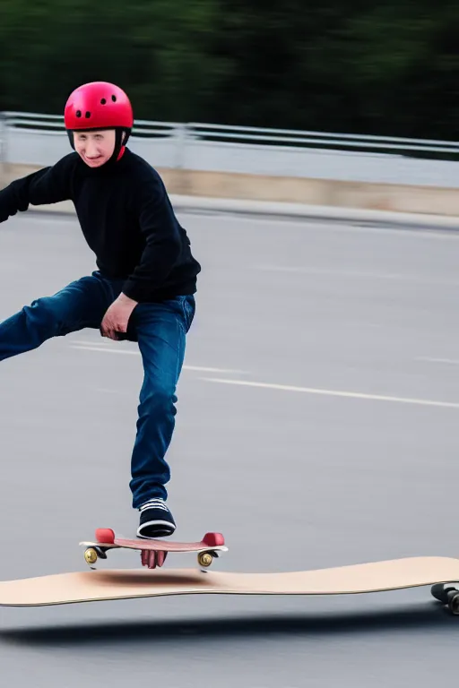 Prompt: a picture of putin playing skateboard - taken with canon eos 5 d mark iv, versatile, photogenic, lens interoperability, autofocus, 4 k uhd video capture at 3 0 fps, 8 k time - lapse functions, by karah mew