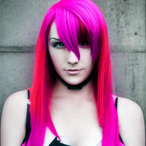 Prompt: Portrait of a beautiful cyberpunk android, pink hair