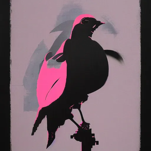 Prompt: the progressive rasterization of a bird, from a mechanical one into a pixel one, pink - noir oil on canvas by dave mckean and yoji shinkawa