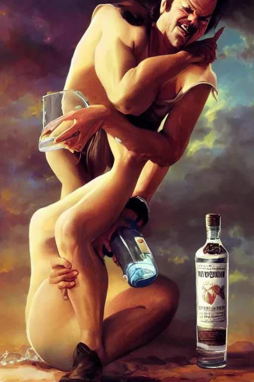 Image similar to a message in a bottle but instead of a ship it is a young jack nicholson in the bottle, jack nicholson, fancy whiskey bottle, masterpiece painting by artgerm and tom bagshaw and boris vallejo and frank frazetta