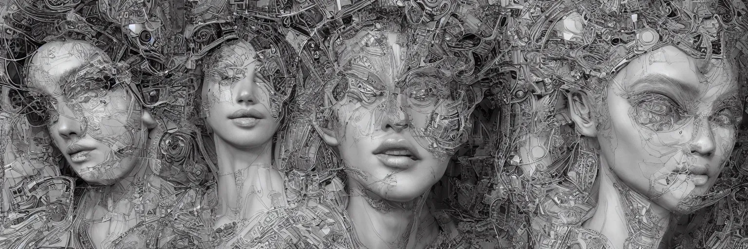 Image similar to The face of a very beautiful goddess radiating an artwork made from layers of technical drawings and architectural plans, very detailed and intricate with callout texts, leaders, arrows and bubbles by Kim Jung Gi and WLOP and Katsuhiro Otomo , hyperrealism, octane render, 8k, xparticles