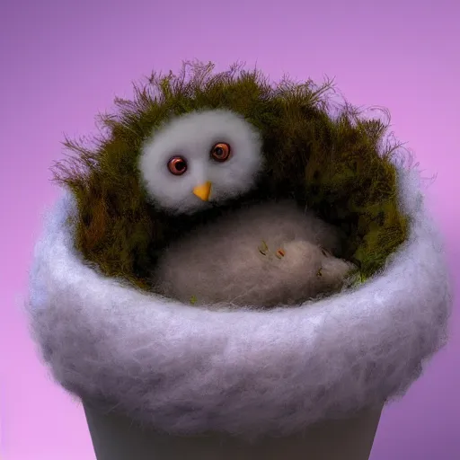 Image similar to long shot of a very fluffy wool chick nesting in a floral cup, esao andrews, by m. w. kaluta, humorous illustration, hyperrealistic, tilt shift, warm colors, night scenery, low light, 3 d octane render, 4 k, volumetric lights, smooth, cosy atmosphere, conceptart, hyperdetailed, trending on deviantart