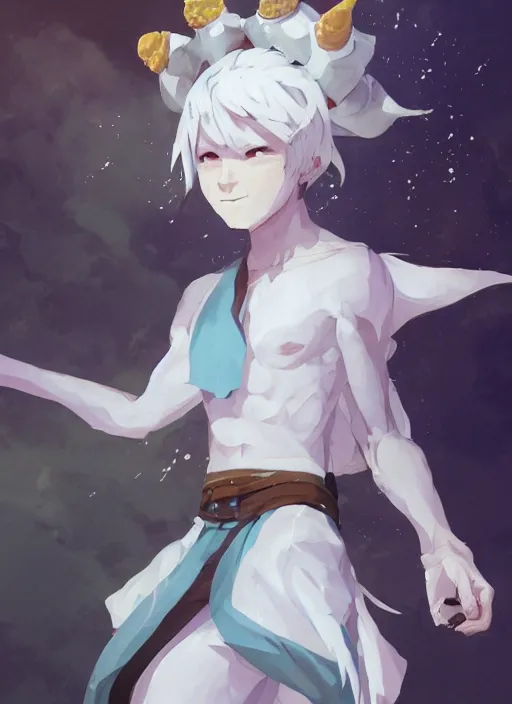 Image similar to concept art painting of a person with brown skin and short white hair, demon horns, white freckles, full clothing, blue clothes, blue robes, detailed, cel shaded, in the style of ruan jia and artgerm and makoto shinkai and james gurney