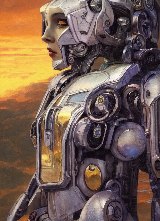 Image similar to biblical shy beautiful female mecha mage android robot casting spells, heavy eyes to the side, closeup, bright glowing veins, in clouds, sunset, portrait, by gerald brom, by mikhail vrubel, by peter elson, muted colors, extreme detail, reflections, trending on artstation, 8 k