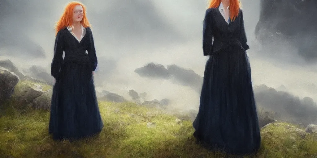Prompt: a strawberry blonde 1 7 year old girl in a floor length black skirt and a white blouse stands amidst a rocky landscape eerily lit by blue light with no apparent source shrouded in mist, oil painting, realistic, eerie, somber, detailed