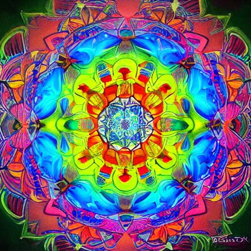 Prompt: “Four dimensional lotus mandala. Brightly coloured dripping Psychedelic kaleidoscope art, prize winning high definition linework structure, oil on water colour rainbow”