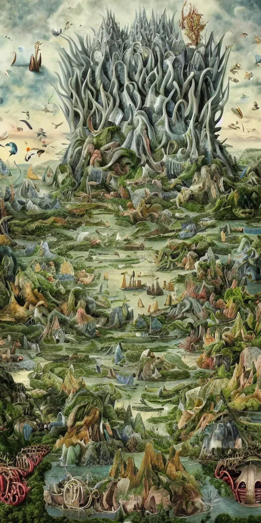Prompt: a beautiful and insanely detailed matte painting of a magical giant plants with incredible surreal architecture designed by Heironymous Bosch, mega structures inspired by Heironymous Bosch's Garden of Earthly Delights, creatures of the air and sea inspired by Heironymous Bosch's Garden of Earthly Delights, ships in the harbor inspired by Heironymous Bosch's Garden of Earthly Delights, vast surreal landscape and horizon by Jim Burns, rich pastel color palette, masterpiece!!, grand!, imaginative!!!, whimsical!!, epic scale, intricate details, sense of awe, elite, fantasy realism, complex layered composition!!